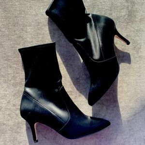 Stewart Weitzman Black Silk 6 Kitty Heel Boots